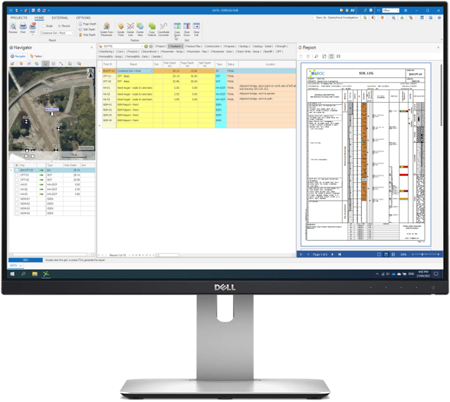 CORE-GS on a desktop monitor showing the data grid and a borehole & CPT log report