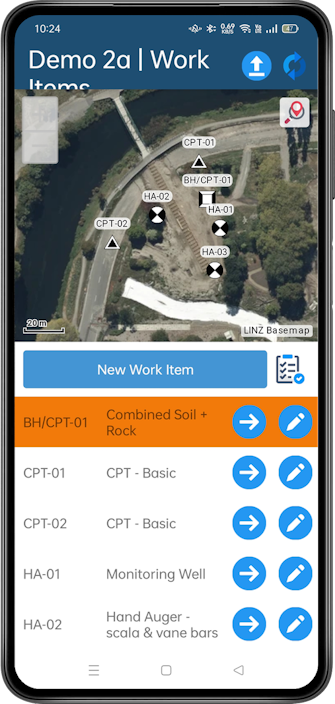 CORE-GS MOBILE on two phones showing the work items map and a soil description form