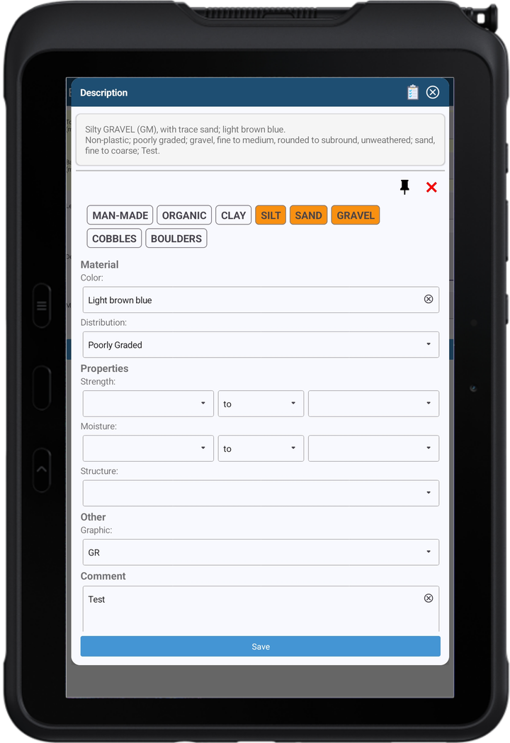 The Description Builder on a phone, assembling a standardised soil description