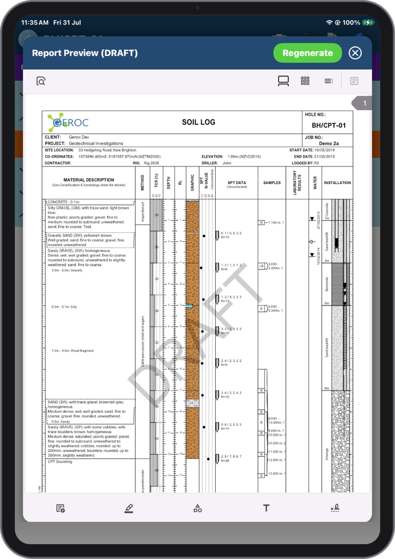 Report Preview on a device showing the same soil log report as the office, drawn from field data